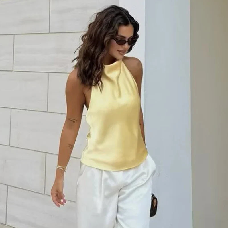 Top corsé de satén con cuello halter para mujer