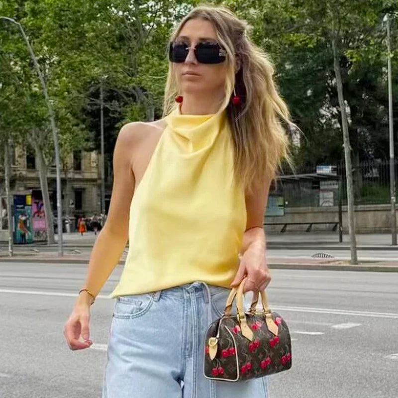 Top corsé de satén con cuello halter para mujer